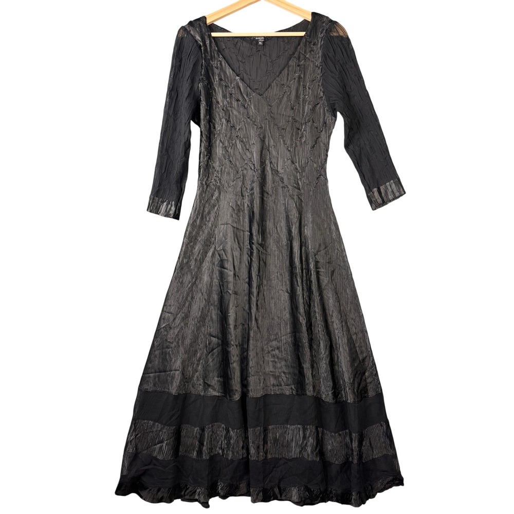 Komarov Black Pleated V-Neck A-Line Maxi Dress 3/4 Sleeve XL gothic romanic